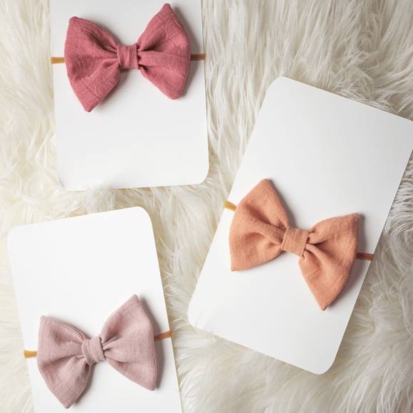 NWT Baby/Toddler headbands pack of 3 Cotton Gauze neutral pink bows - Picture 2 of 4